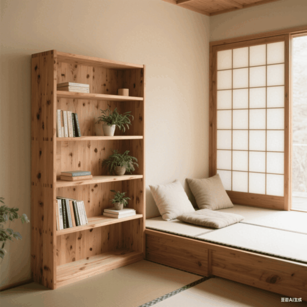 Japanese - Style Wooden Bookshelf with Tatami