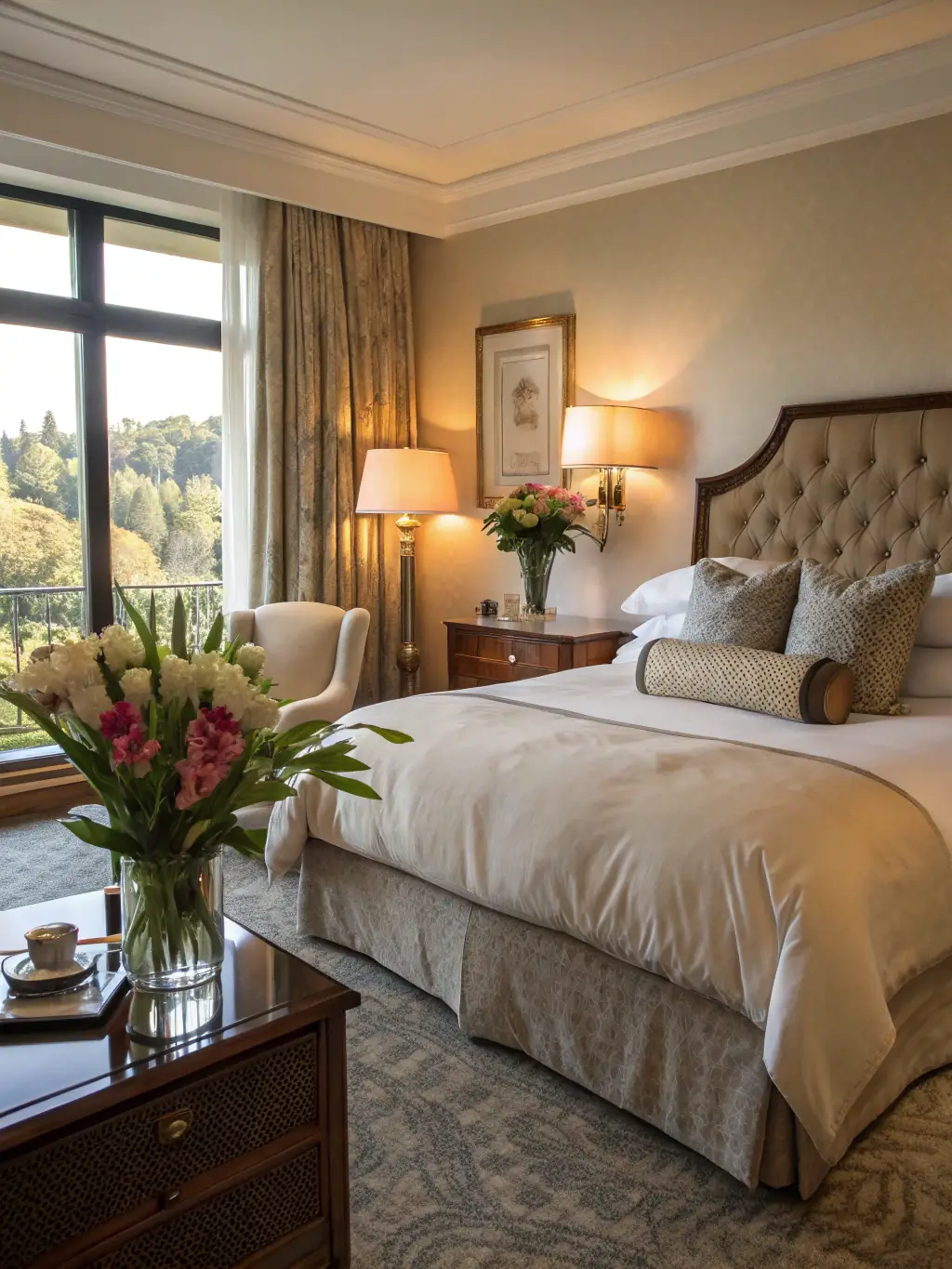 A serene bedroom featuring the King Size Bed Frame, Modern Nightstand, and Soft Bedding Set, with soft, ambient lighting and decorative textiles.