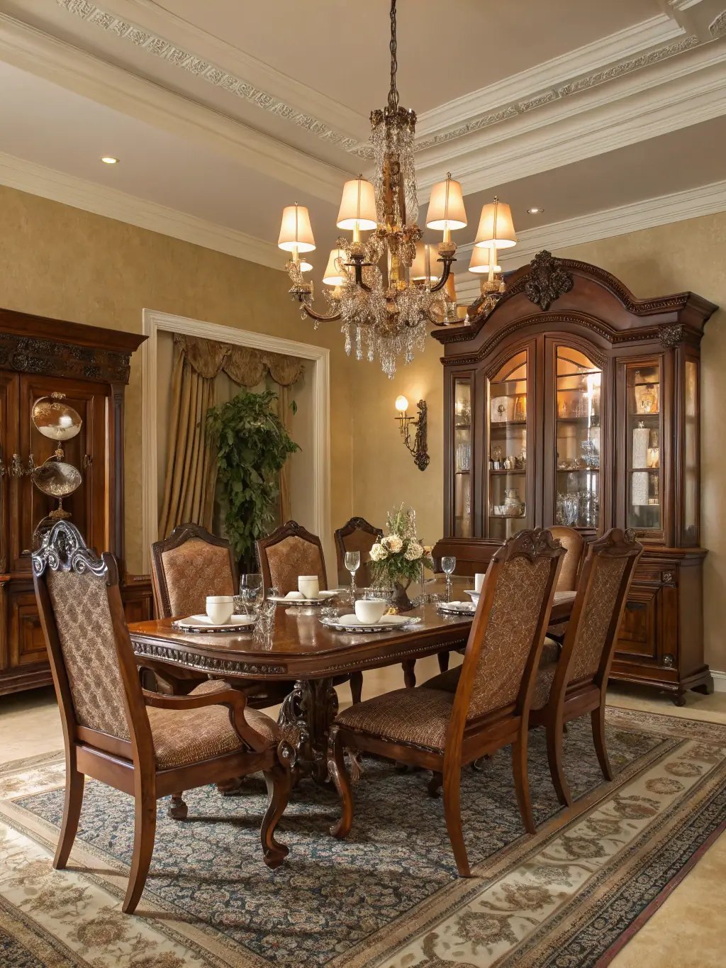 A dining room showcasing the Wooden Dining Table, Upholstered Dining Chairs, and a Chic Pendant Light, with a minimalist aesthetic and warm lighting.