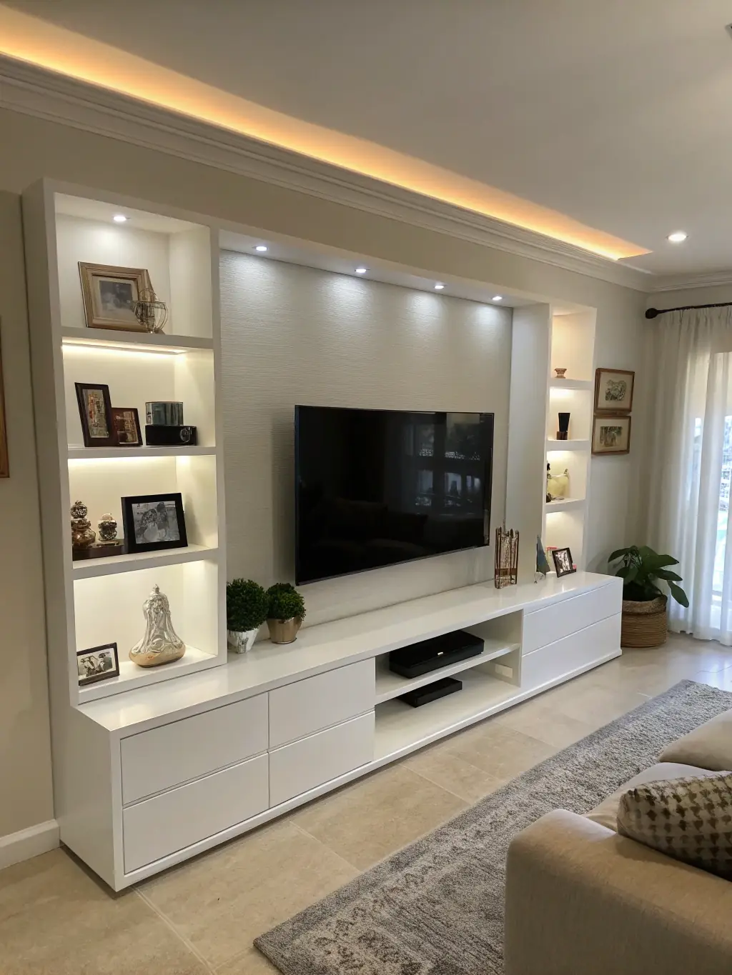 A stylish living room featuring the Stylish TV Stand, with a minimalist design and organized storage, complemented by modern decor.
